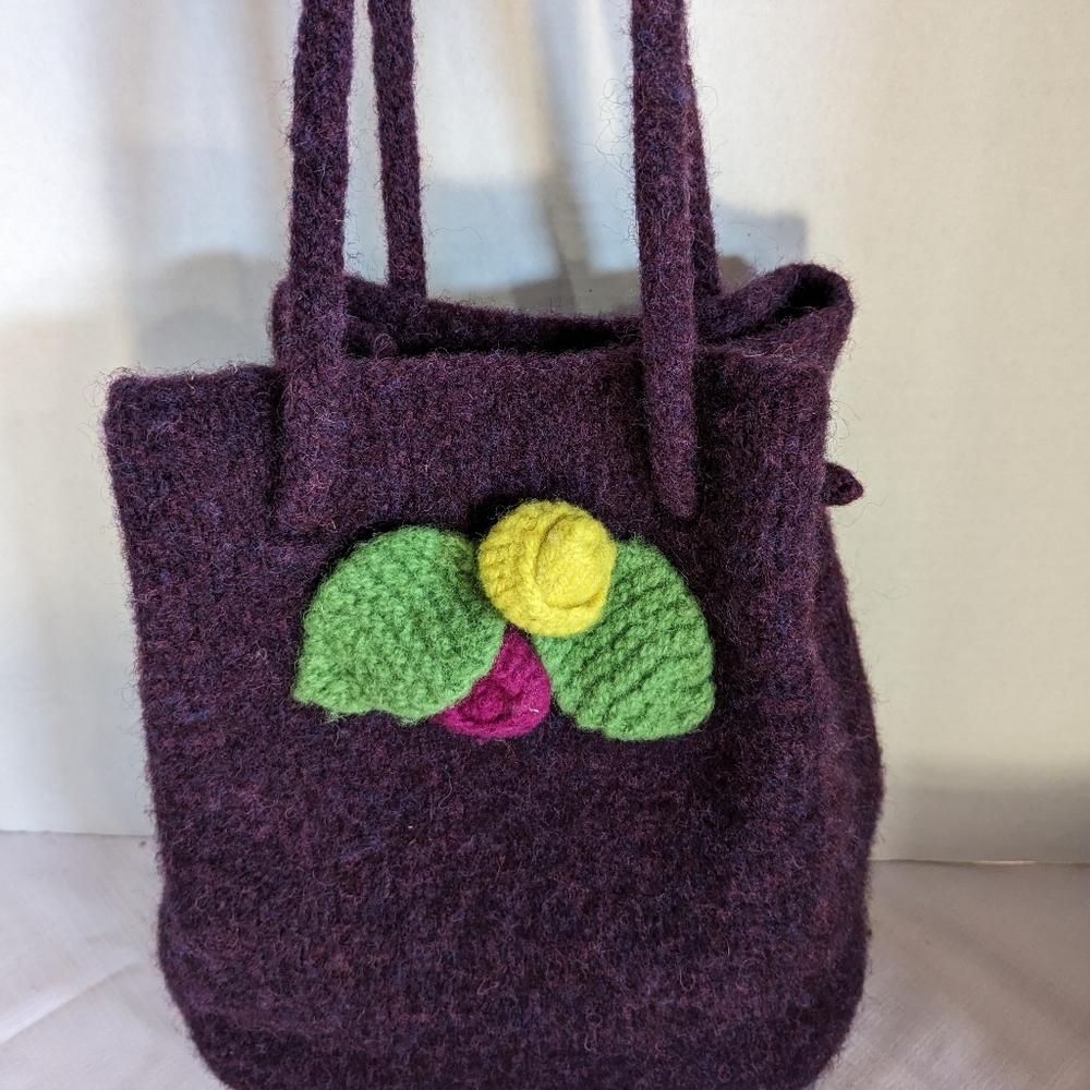 Felted wool purse hobo handbag shoulder boho purple bag with 3D flowers